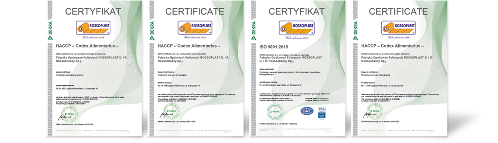 Cztery dokumenty certyfikacyjne ułożone obok siebie, wydane przez jednostkę DEKRA dla firmy Rossoplast. Certyfikaty dotyczą norm HACCP oraz ISO 9001:2015, potwierdzając standardy w produkcji opakowań.